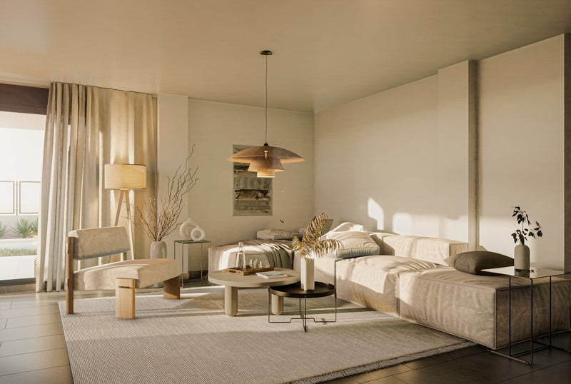a living room filled with furniture and a large window