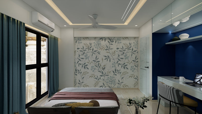 A modern bedroom features sleek design and decor.