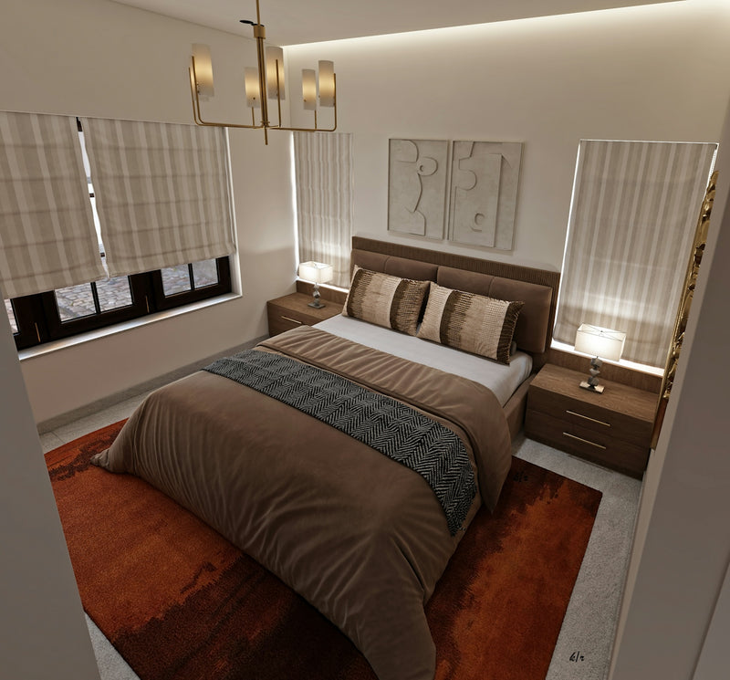 Modern bedroom interior with brown and orange decor.