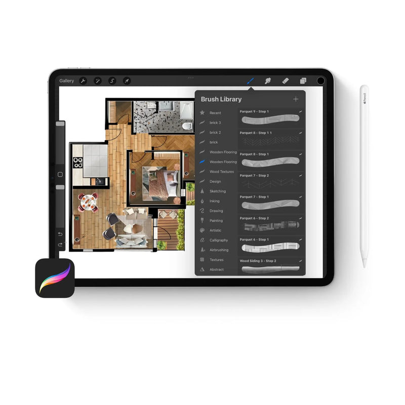 Tablet displaying Procreate app with interior design floor plan and brush library panel