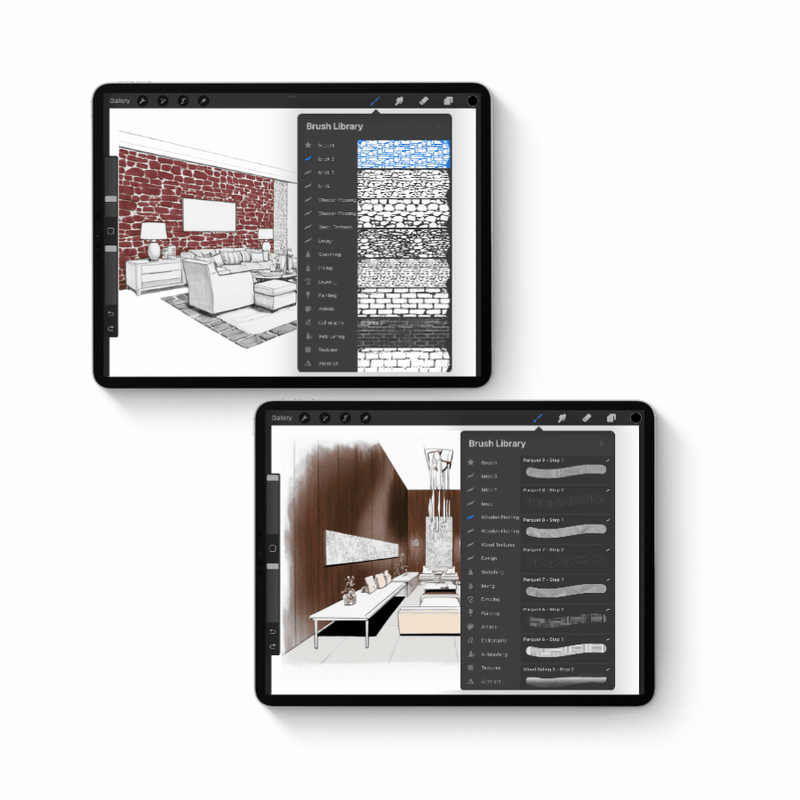 Professional Procreate brush collection showcase featuring authentic textures for digital art and interior design projects