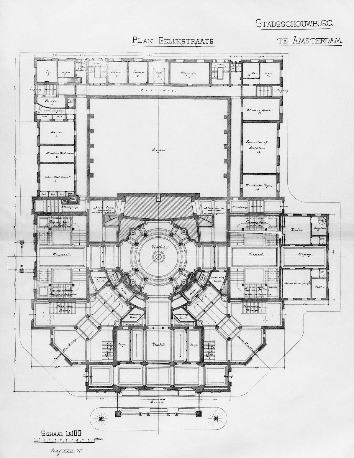 A plan of a building with a circular floor plan