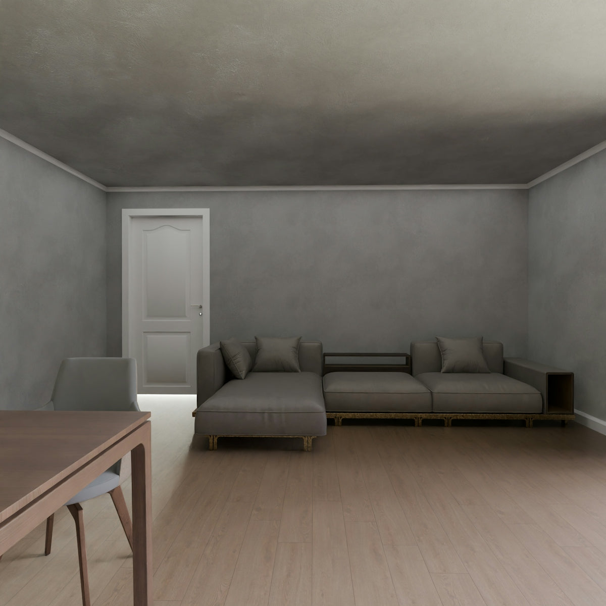A room with a couch and a table in it