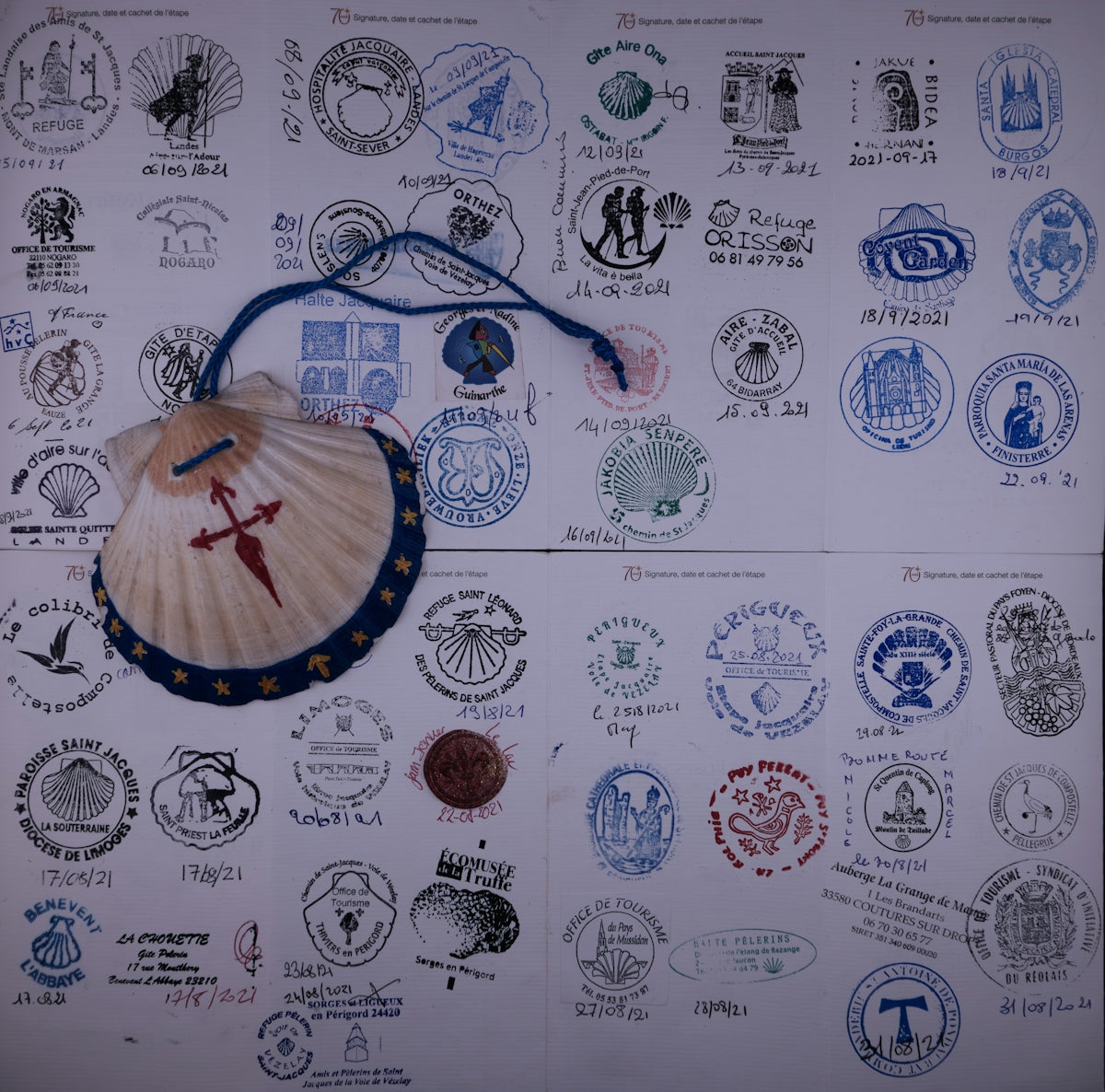 A picture of a bunch of stamps on a wall