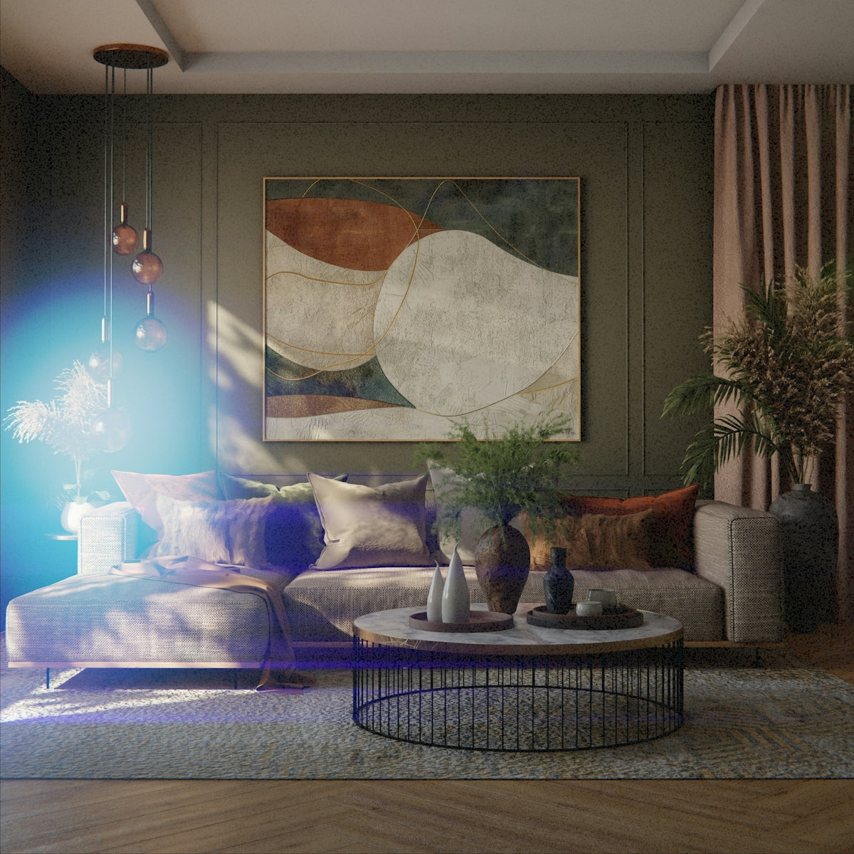 Cozy living room with modern art and sectional sofa.
