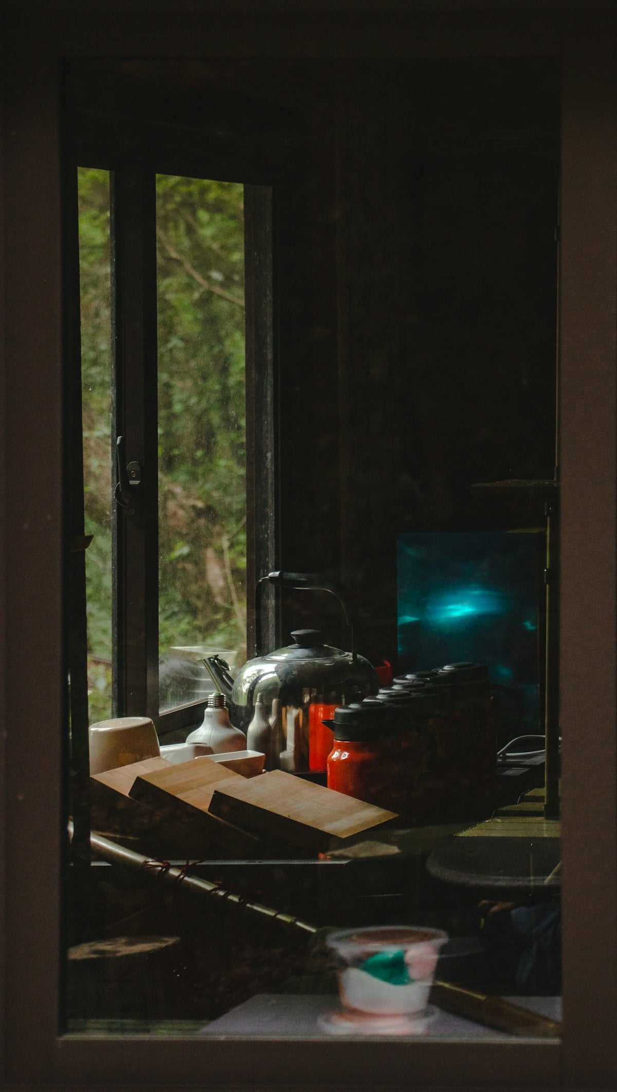 Pots and boards on a windowsill with an outdoor view.