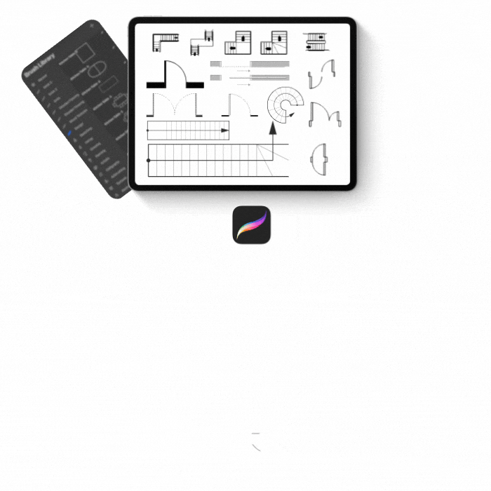 Essential Elements Procreate brush set showing architectural details like doors, windows, and staircases for designers