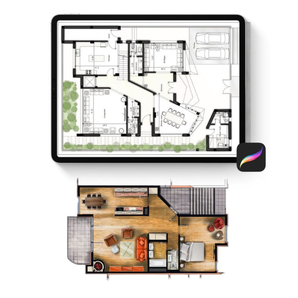 Procreate Floor Plan Pack showing architectural brushes and layout tools for professional interior design projects