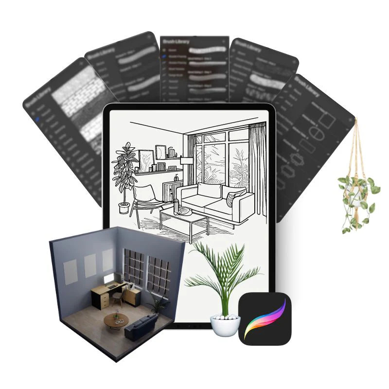 350 Procreate brush collection for interior designers featuring fabric, animal, lace, knit, skin, stitch, print and hair textures displayed with iPad mockup