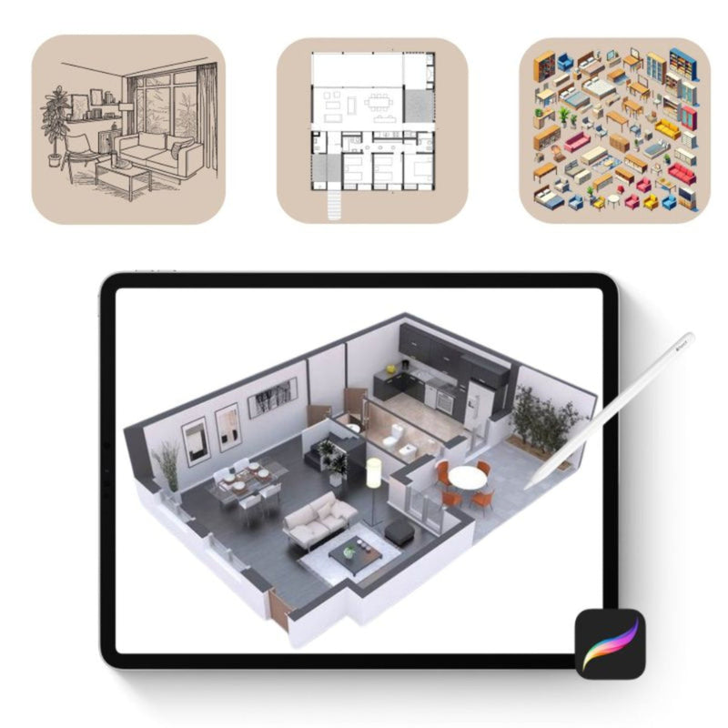 Professional Procreate brush collection showcase featuring authentic textures for digital art and interior design projects