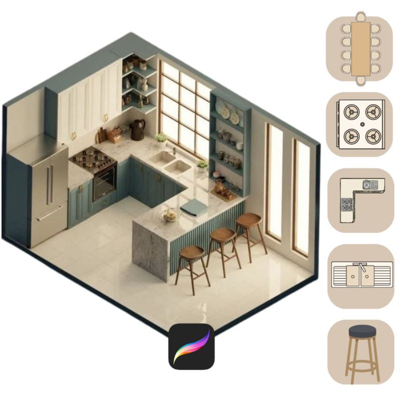 33 bonus kitchen design elements including appliances, cabinets, islands and fixtures for Procreate floor plans