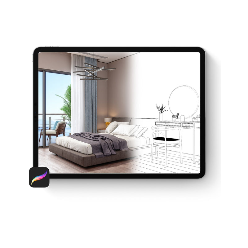 40 bonus bedroom design elements including beds, nightstands, lamps and decor for Procreate interior layouts