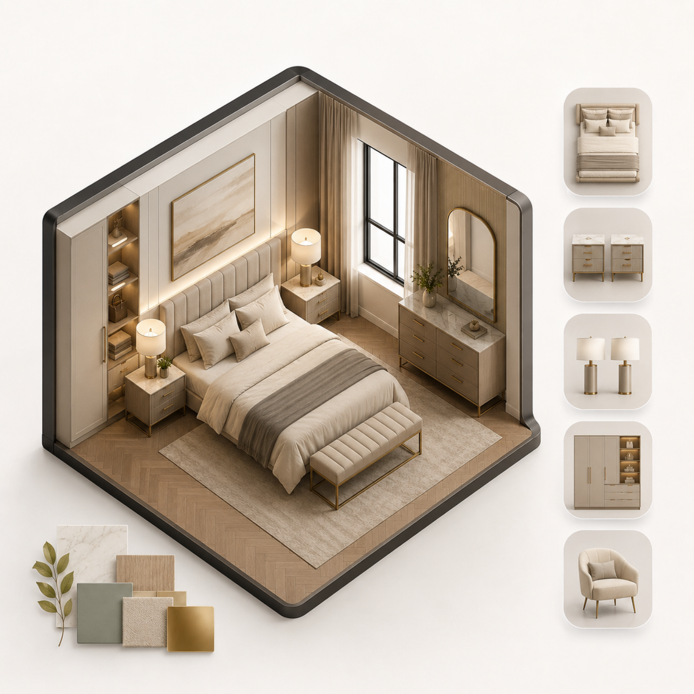 40+ Procreate bedroom design elements for interior layouts with beds, nightstands, lamps, and decor