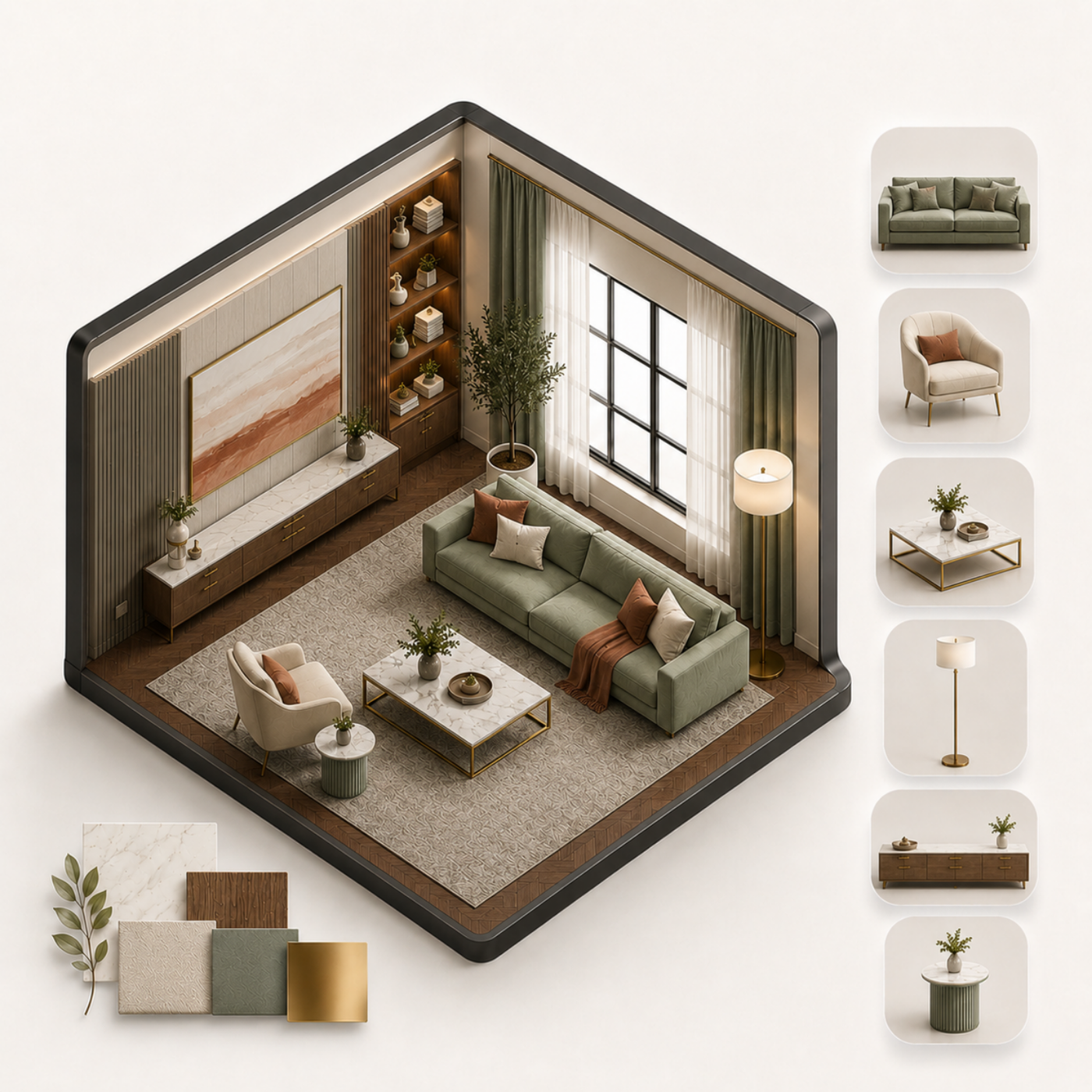 Procreate living room elements for interior design layouts with sofas, tables, lighting, rugs, shelves, and decor