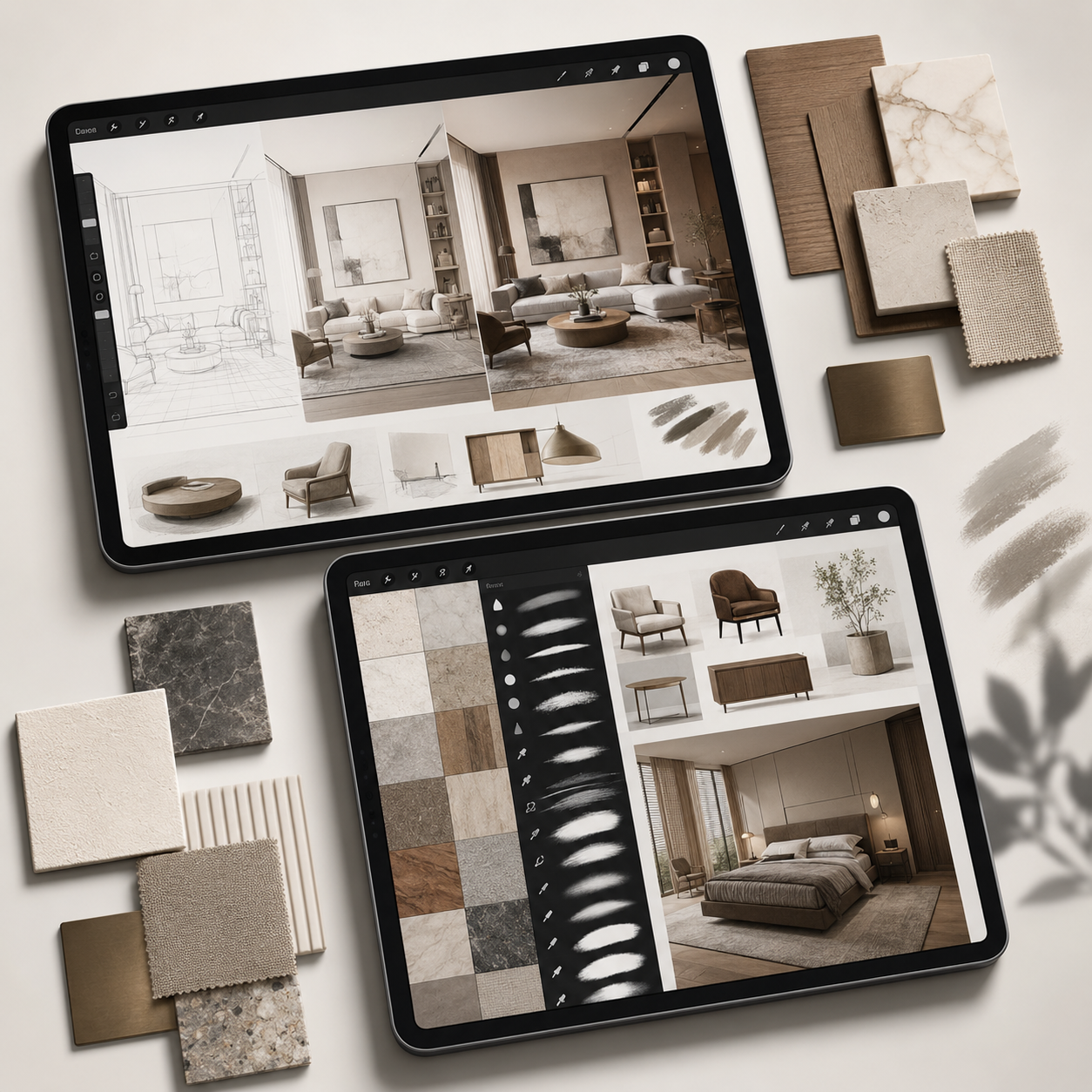 325+ Procreate brushes for interior design, room sketching, furniture details, textures, and presentation visuals