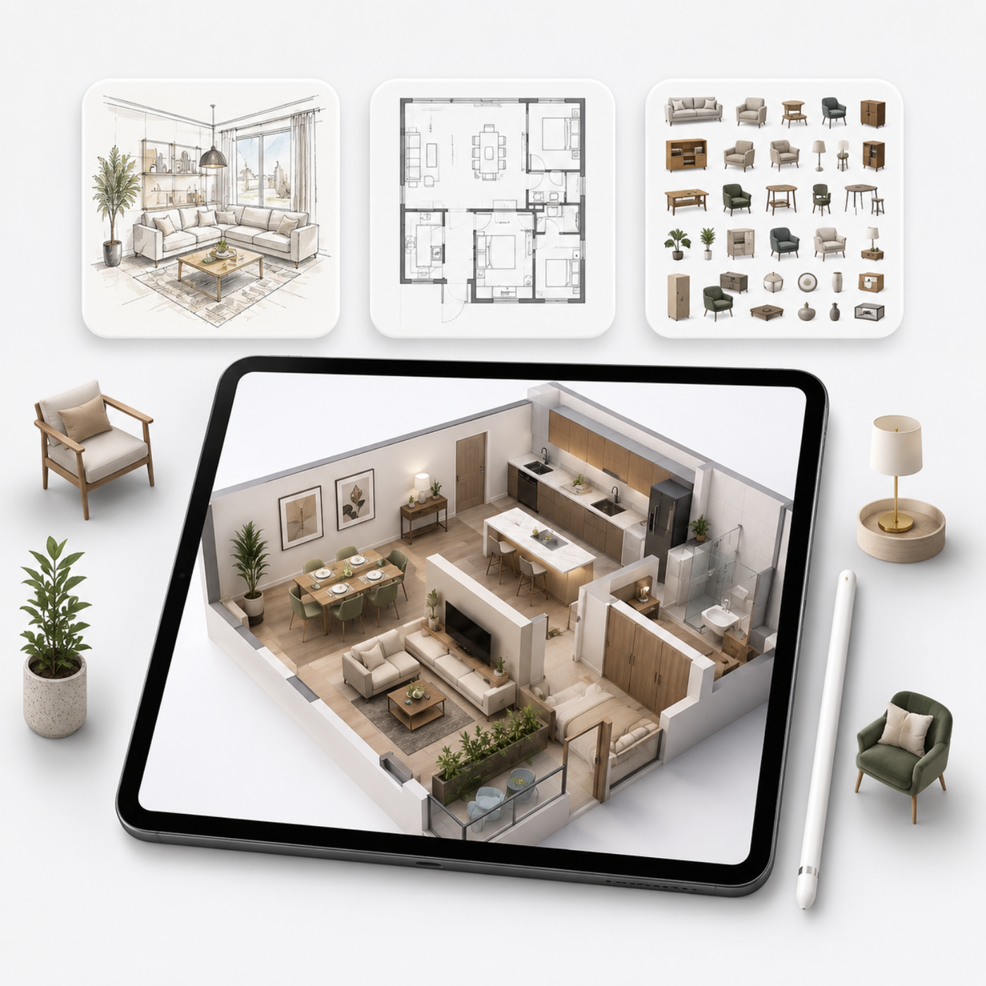 60+ PNG furniture elements for Procreate interior design with sofas, chairs, tables, décor, and room layout assets